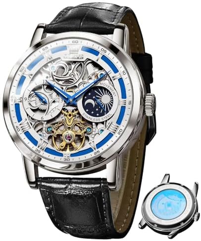 OLEVS Skeleton Watches for Mens Automatic Mechanical Self Winding Tourbillon Leather Strap Luxury Dress Moon Phase Wrist Watches Waterproof Luminous|B0GXP8QS4V
