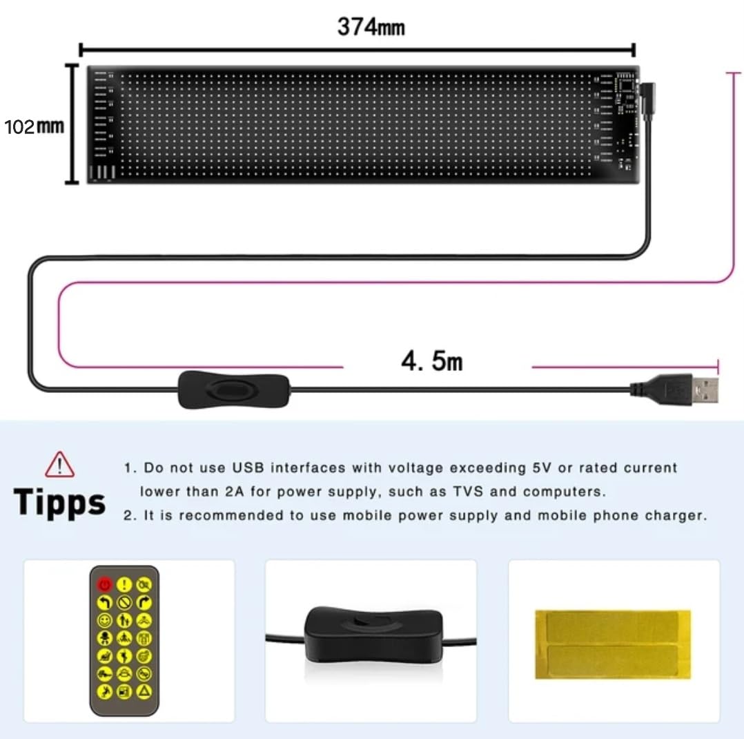 Smartuno | Customizable LED Display – 5V USB-Powered, Flexible & Bluetooth App-Controlled | Create Text, Patterns & Animations | Bright, Waterproof Sign for Cars, Shops, Parties & Bars