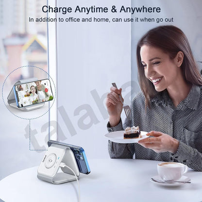 SMARTUNO | 3 in 1 Magnetic Foldable Wireless Charger Compatible for iPhone 15/14/13/12 Series | Compatible with AirPods 2/3/Pro & iWatch Series | MagSafe Compatible | White